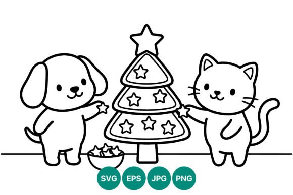 Charming Dog and Cat Christmas Tree Illustrations