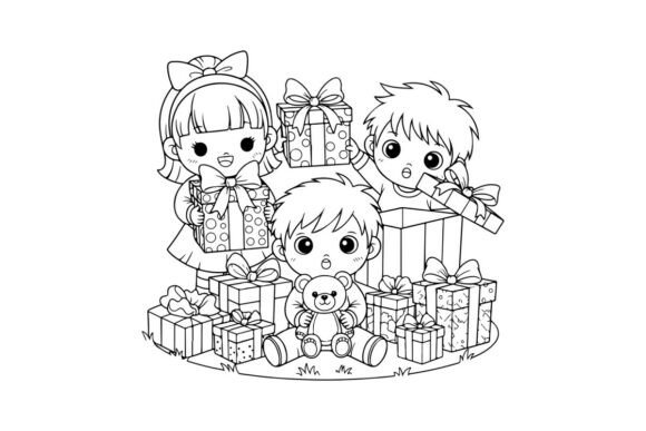 Children Celebrating Christmas with Gift: A Festive Illustration for Crafters