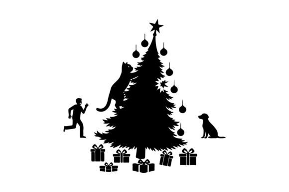 Christmas Tree Silhouette with Cat Dog: A Versatile Graphic for Festive Branding