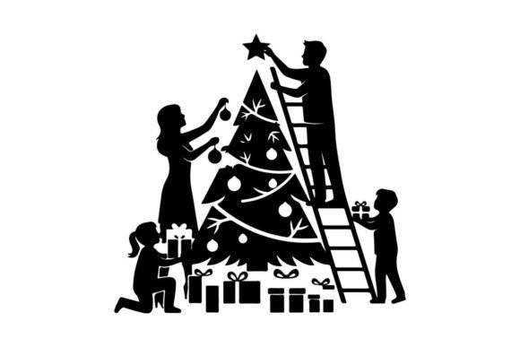 Festive Family Decorating Christmas Tree Graphics