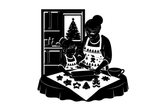 Perfect for Holiday Campaigns: Mother and Child Baking Christmas Cookie Graphics